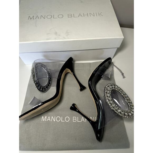 $1045 Manolo Blahnik Heels Fibionabi 105 patent Black mule Sandals Size 35.5 NEW - Picture 2 of 6